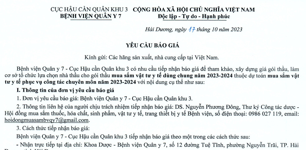 Yêu cầu báo giá phục vụ xây dựng dự toán mua sắm vật tư y tế dùng chung năm 2023-2024