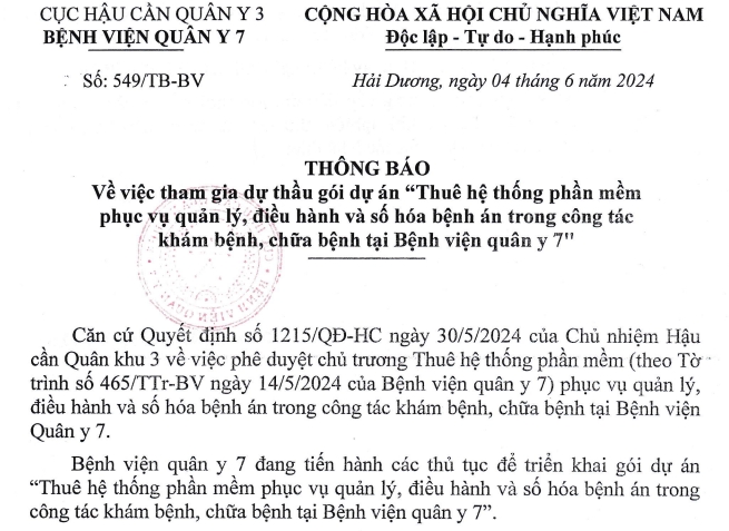 Thông báo về việc tham gia dự thầu gói dự án 