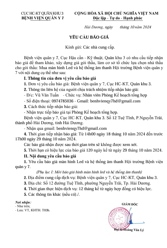 Thông báo về việc mời báo giá Màn hình LED và Hệ thống âm thanh Hội trường Bệnh viện quân y 7 