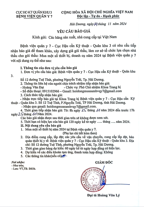 Bệnh viện quân y 7, Cục Hậu cần - Kỹ thuật, Quân khu 3 có nhu cầu tiếp nhận báo giá để tham khảo, xây dựng giá gói thầu