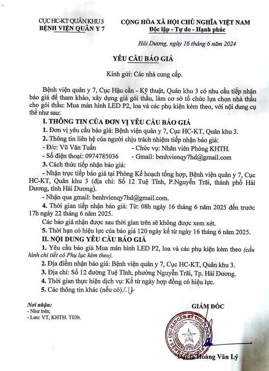 Bệnh viện Quân y 7, Cục Hậu cần - Kỹ thuật, Quân khu 3 có nhu cầu tiếp nhận báo giá để tham khảo, xây dựng giá gói thầu, làm cơ sở tổ chức lựa chọn nhà thầu cho gói thầu: