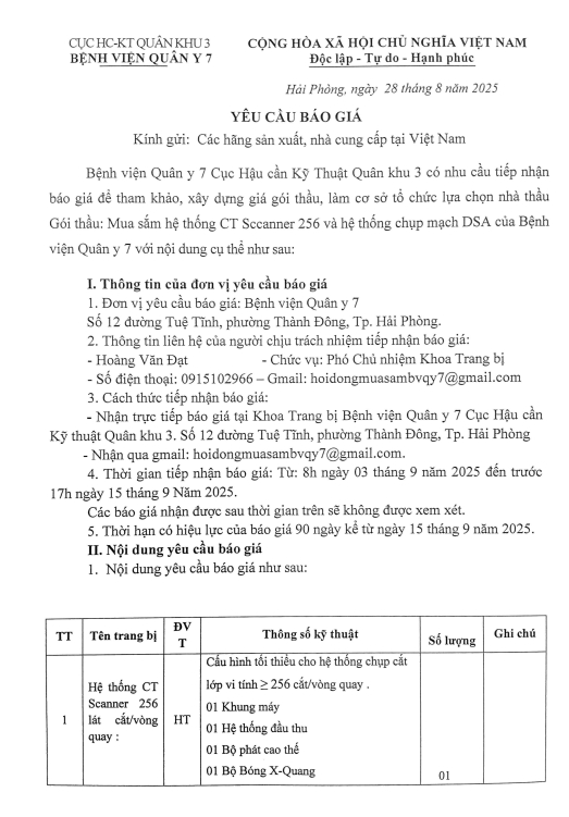 Bệnh viện Quân y 7 Cục Hậu cần - Kỹ thuật Quân khu 3 có nhu cầu tiếp nhận báo giá để tham khảo, xây dựng giá gói thầu, làm cơ sở tổ chức lựa chọn nhà thầu gói thầu:
