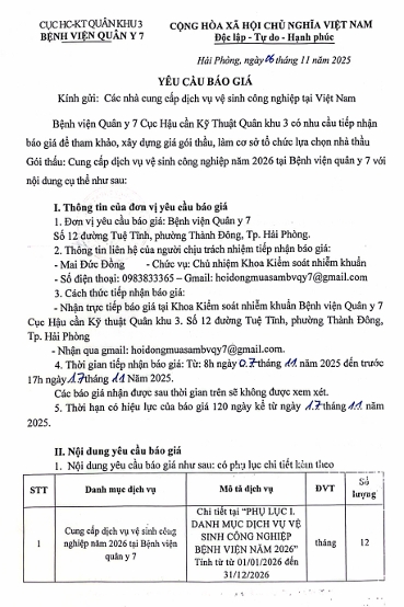 Bệnh viện Quân y 7, Cục Hậu cần - Kỹ thuật Quân khu 3 có nhu cầu tiếp nhận báo giá để tham khảo, xây dựng giá gói thầu, làm cơ sở tổ chức lựa chọn nhà thầu Gói thầu: