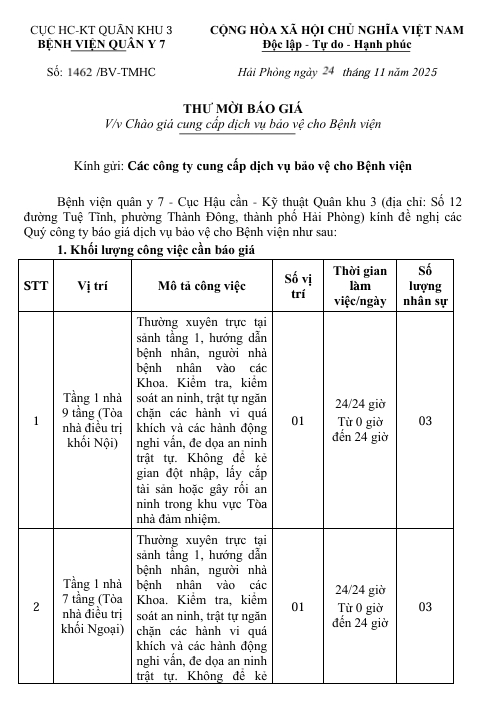 Bệnh viện quân y 7 - Cục Hậu cần - Kỹ thuật Quân khu 3 thông báo chào giá cung cấp dịch vụ bảo vệ cho Bệnh viện 