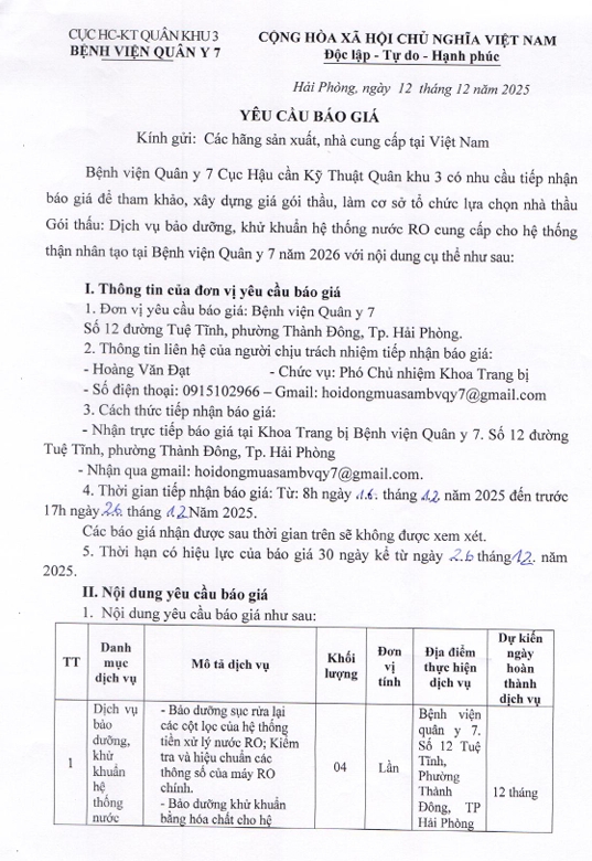 Bệnh viện Quân y 7, Cục Hậu cần - Kỹ thuật, Quân khu 3 có nhu cầu tiếp nhận báo giá để tham khảo, xây dựng giá gói thầu, làm cơ sở tổ chức lựa chọn nhà thầu: