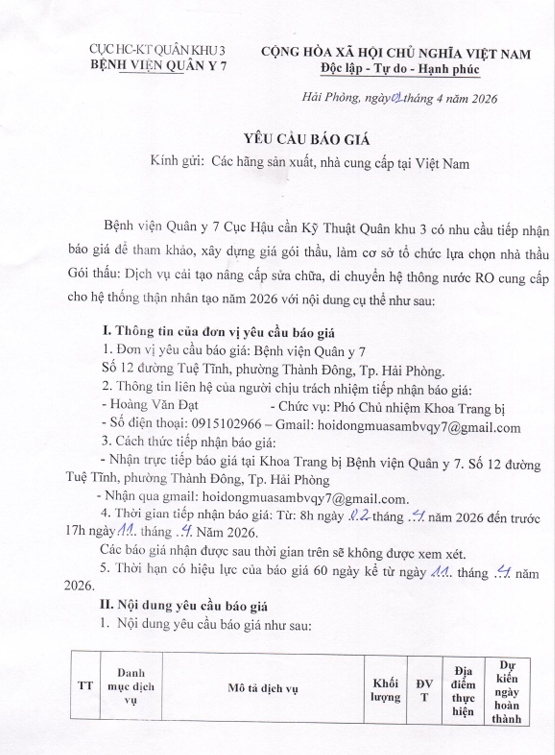Bệnh viện Quân y 7, Cục Hậu cần - Kỹ thuật Quân khu 3 có nhu cầu tiếp nhận báo giá để tham khảo, xây dựng giá gói thầu, làm cơ sở tổ chức lựa chọn nhà thầu gói thầu: