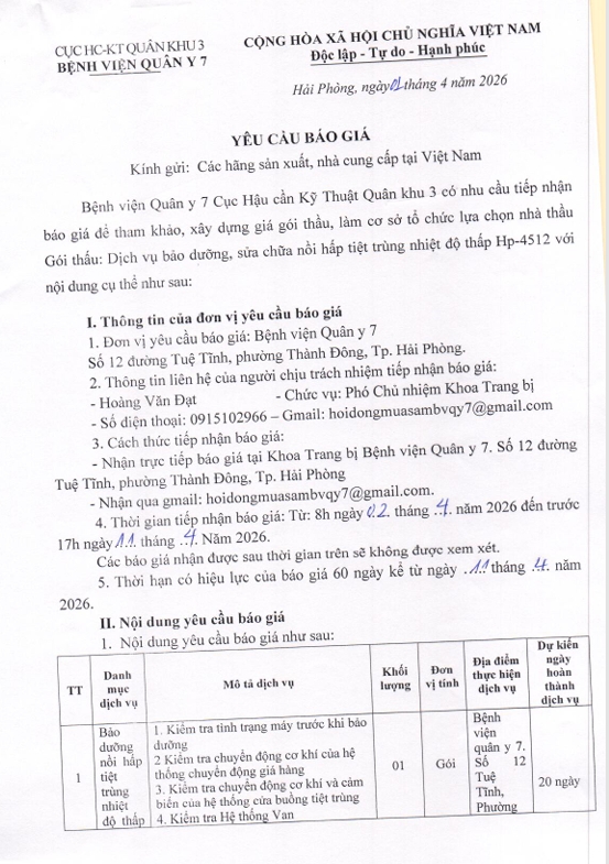 Bệnh viện Quân y 7, Cục Hậu cần - Kỹ thuật Quân khu 3 có nhu cầu tiếp nhận báo giá để tham khảo, xây dựng giá gói thầu, làm cơ sở tổ chức lựa chọn nhà thầu gói thầu: