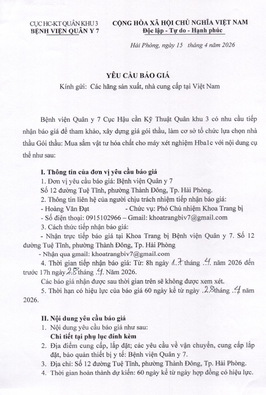 Bệnh viện Quân y 7, Cục Hậu cần - Kỹ thuật Quân khu 3 có nhu cầu tiếp nhận báo giá để tham khảo, xây dựng giá gói thầu, làm cơ sở tổ chức lựa chọn nhà thầu gói thầu: 