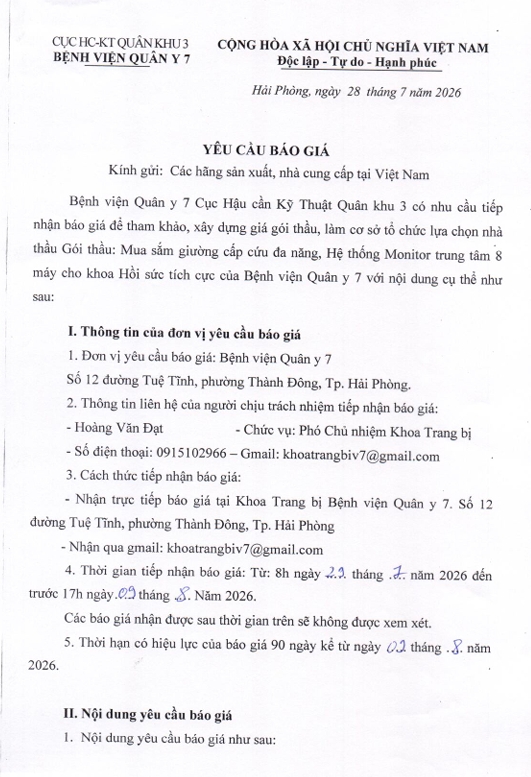 Thông báo yêu cầu báo giá Bệnh viện Quân y 7, Cục Hậu cần – Kỹ thuật, Quân khu 3 có nhu cầu tiếp nhận báo giá để tham khảo, xây dựng giá gói thầu, làm cơ sở tổ chức lựa chọn nhà thầu Gói thầu: