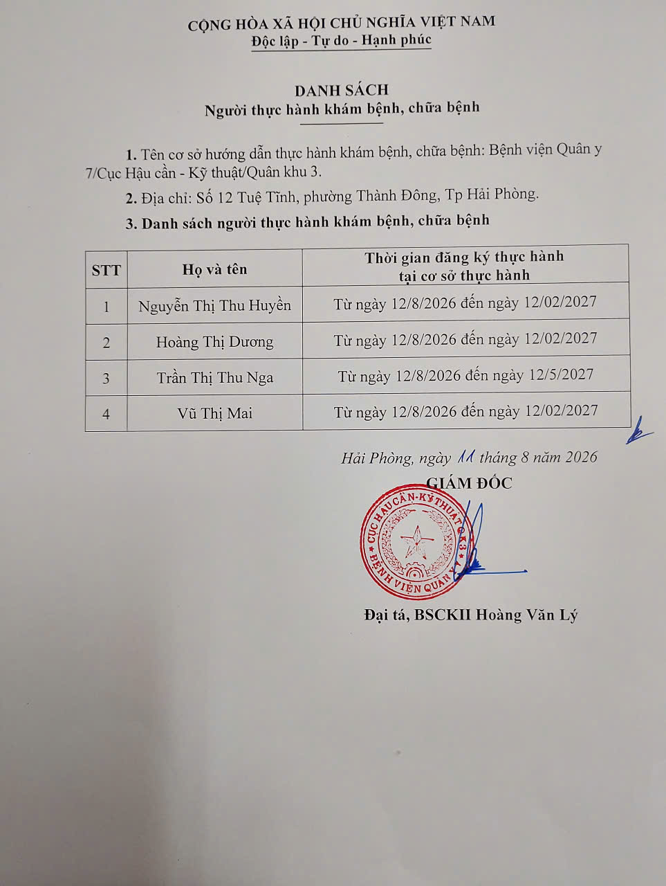Bệnh viện Quân y 7 thông báo