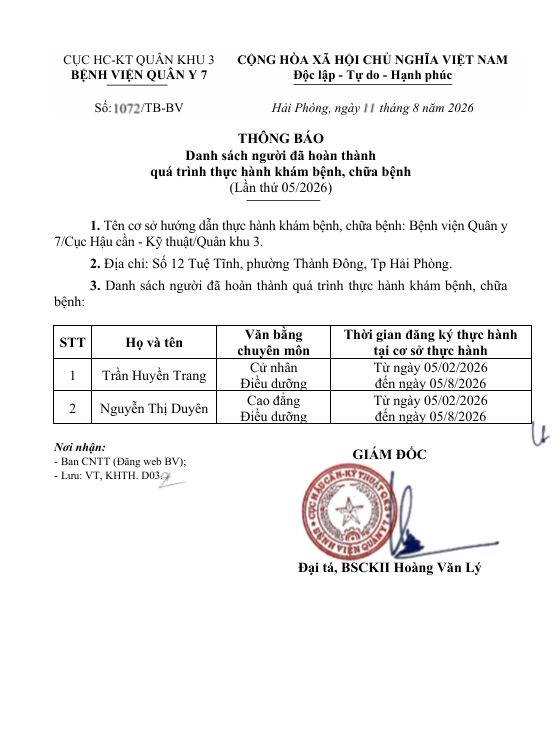 Bệnh viện Quân y 7 thông báo