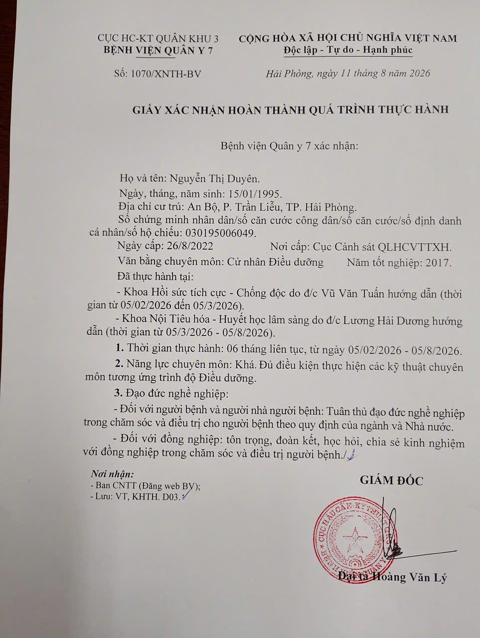 Bệnh viện Quân y 7 thông báo