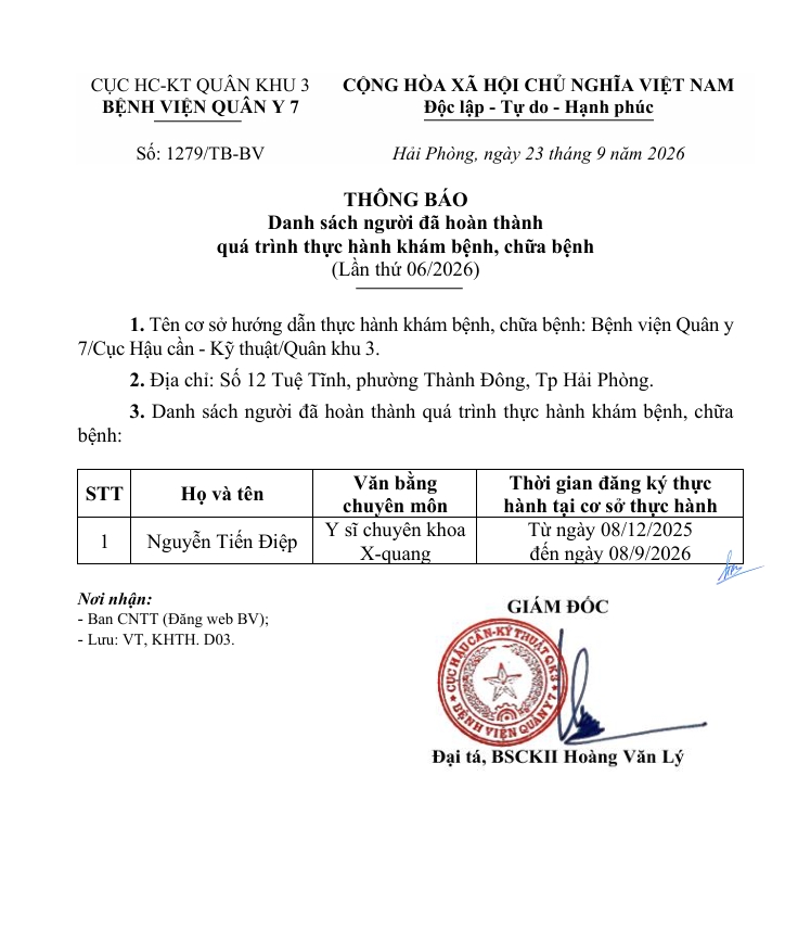Bệnh viện Quân y 7 thông báo Danh sách người đã hoàn thành quá trình thực hành khám bệnh, chữa bệnh